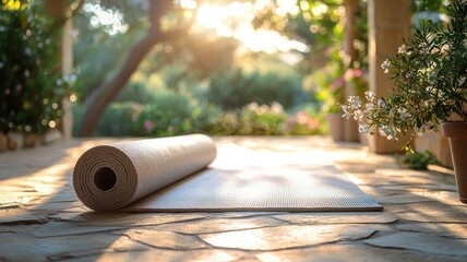 Mindful living with wellness and minimalism concept. Yoga mat on a sunlit stone patio surrounded by greenery.