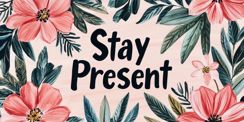 Mindful living with wellness and minimalism concept. "Stay present" motivational text with floral design.