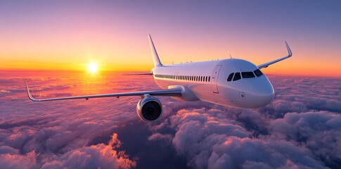 Airplane Flying Above Clouds During Beautiful Sunset Sky