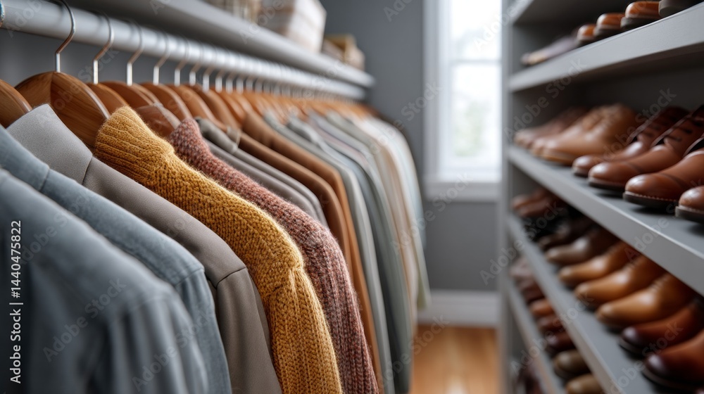 Poster in a softly lit room, a closet brims with neatly hung garments, showcasing an array of colors and te