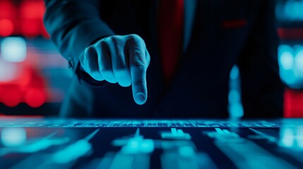 Futuristic businessman interacting with digital interface, modern tech environment with vibrant colors, perfect for innovation themes.