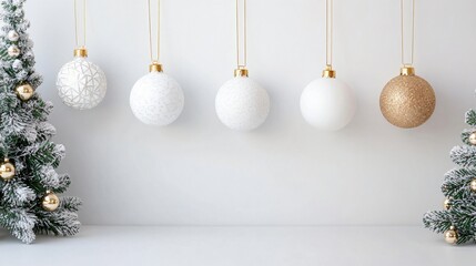 Elegant holiday decor, white and gold ornaments hanging in a minimalist setting, perfect for festive branding or seasonal displays.