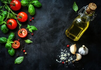 Fresh Ingredients for Italian Cuisine with Tomatoes, Garlic, Basil, Olive Oil, and Spices on Dark Background Ready for Cooking