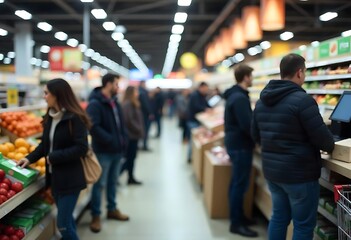Generative AI depicts bustling grocery aisles with shoppers and products