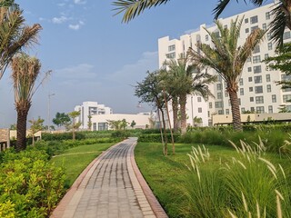 Fototapeta premium Small Interlock Path Between Landscaping Area. Green And Lush Landscaping Area With Carpet Grass And Trees Like Palm Or Washingtonia, Some Houses Or Villa's Also Beside Gardens Padestrian Pathway.