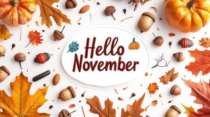 A playful "Hello November" sticker surrounded by warm-toned autumn elements like acorns and pumpkins. Mood: joyful and autumnal