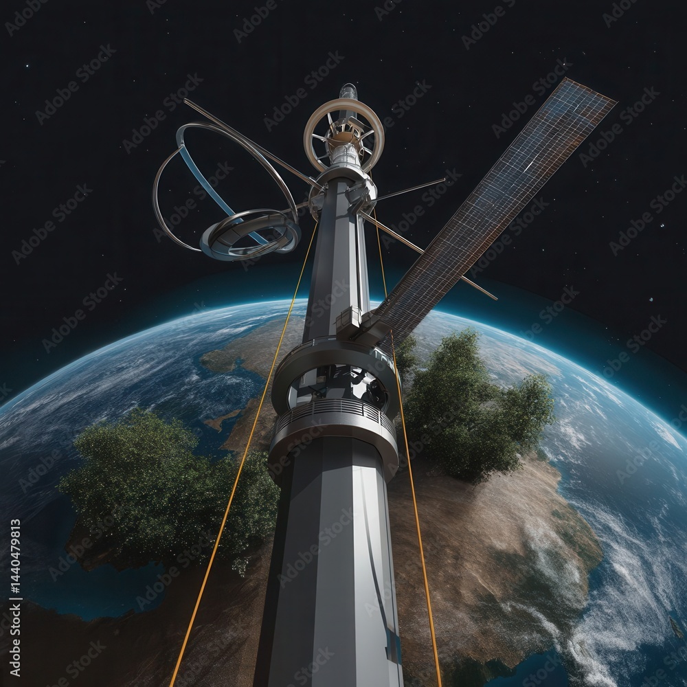 Poster space elevator structure reaching into outer space.