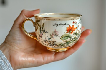 Hand is holding a cup with a floral design on it. The cup is white and gold, and it has a flower on the side. The cup is likely a decorative piece or a collectible item