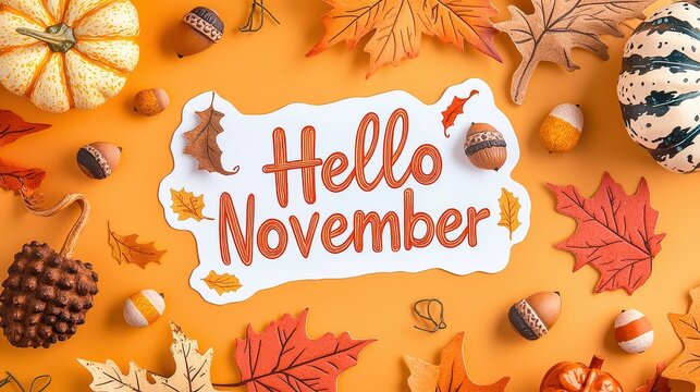 A playful "Hello November" sticker surrounded by warm-toned autumn elements like acorns and pumpkins. Mood: joyful and autumnal - Powered by Adobe