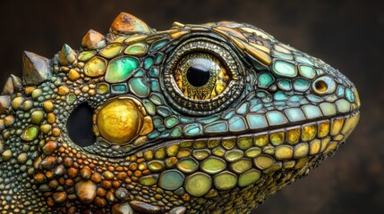 Fototapeta premium close reveals its diamond-shaped scales, blending shades of green and yellow. Its slightly parted mouth offers a glimpse of its sharp inner teeth