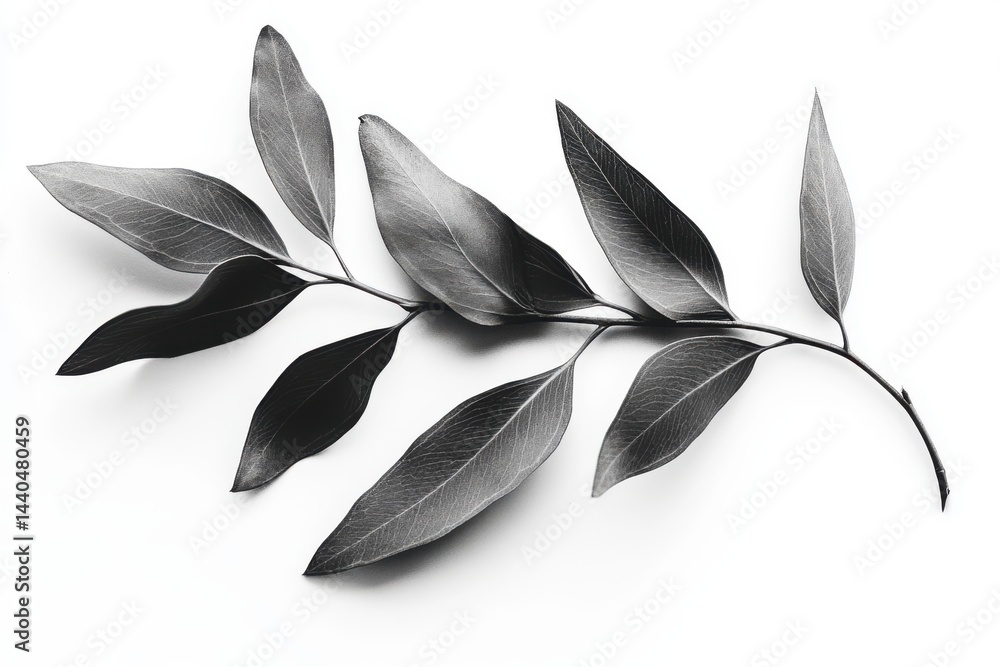 Poster a monochrome image of a branch with leaves arranged on a white background in a minimalist style