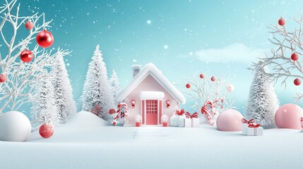 A playful winter house decoration sticker with snow-covered trees and festive accents. Mood: merry and bright