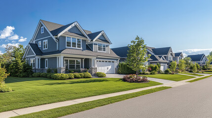 Stylish two story homes with sloping roofs and lush green lawns create serene neighborhood