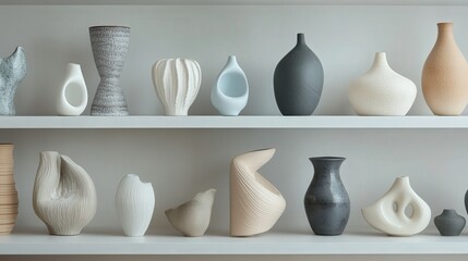 luxurious bedroom with shelves adorned with ceramic sculptures and decorative vases, creating a serene and sophisticated ambiance