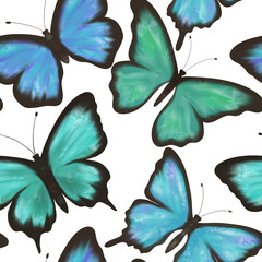 Delicate blue and green butterflies on a white background, seamless pattern. Watercolor digital illustration. For fabric,textiles, wallpaper, wrappers, covers, prints, clothing, souvenirs, accessories