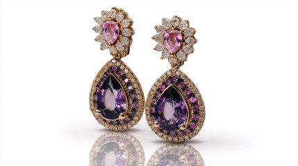A pair of earrings with a purple stone and a pink stone