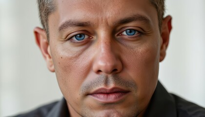 Obraz premium Intense gaze, portrait of a man with striking blue eye in classic black shirt