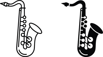 Saxophone illustration in black and white line art style musical instrument graphic set for design projects