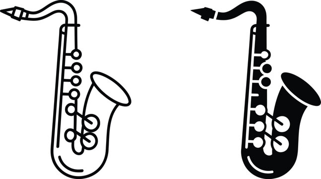 Saxophone illustration in black and white line art style musical instrument graphic set for design projects
