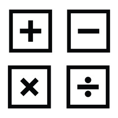basic mathematical symbol icon set silhouette vector illustration on white background. Plus, minus, multiply, divide icon symbol vector on white background