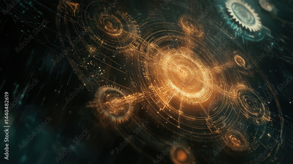 Aufkleber mechanical abstract network background featuring gears, wires, and cybernetic patterns illuminated w