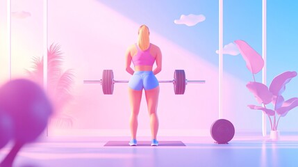 Energetic woman lifting weights, colorful abstract background, fitness theme, vibrant colors, ideal for motivational content.