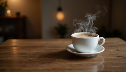Fototapeta premium Steaming cup of coffee on rustic wooden table, a morning ritual invigorating