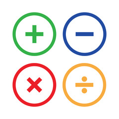 Basic math symbol outline icon set vector on white background. Plus, minus, multiply, divide icon symbol vector on white background