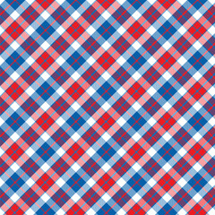 Plaid with twill weave repeat pattern.Gingham checkered tartan seamless pattern in blue red white, patriotic concept.Vector illustration texture background design for fabric and prints.