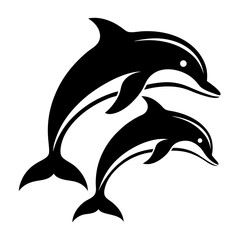 Fototapeta premium Black and white silhouette of two dolphins jumping in the ocean