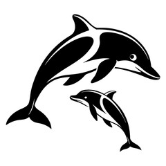 Obraz premium Black and white silhouette of two dolphins jumping in the ocean