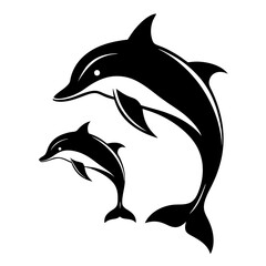 Obraz premium Black and white silhouette of two dolphins jumping in the ocean