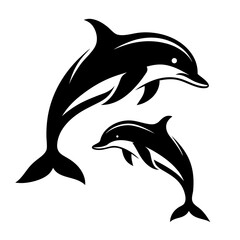 Fototapeta premium Black and white silhouette of two dolphins jumping in the ocean