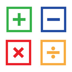 Basic math symbol outline icon set vector on white background. Plus, minus, multiply, divide icon symbol vector on white background
