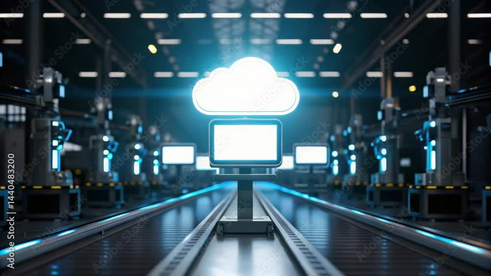 Aufkleber digital transformation with industry 4.0, a futuristic warehouse filled with robotic systems and ill
