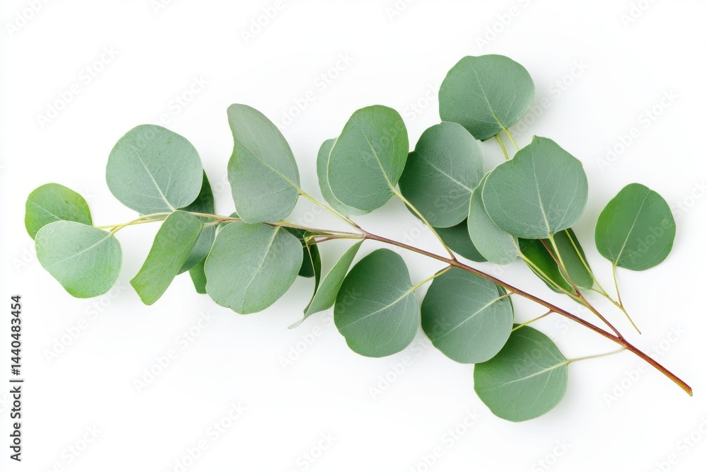 Poster eucalyptus branch with round green leaves lying on a white background in a studio setting top view