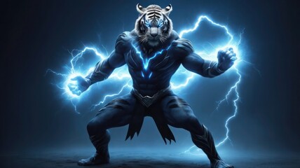 Fototapeta premium illustration of a tiger-man superhero with lightning
