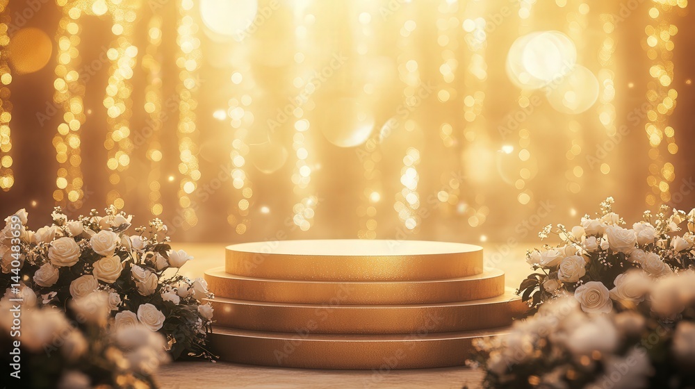 Poster stunning gold backdrop, surrounded by a soft blur of bokeh, creating a glamorous, ethereal scene per