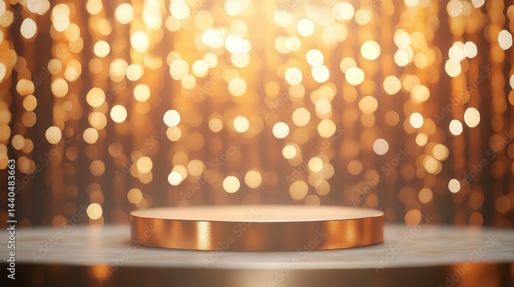 Poster stunning gold backdrop, surrounded by a soft blur of bokeh, creating a glamorous, ethereal scene per