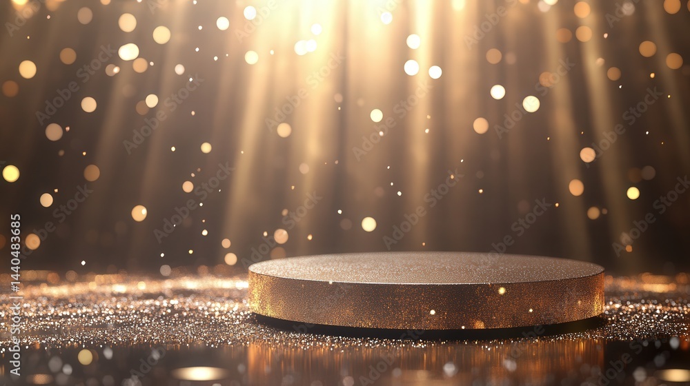 Poster the scene, illuminated by a glittering gold background and enveloped by soft, blurry bokeh, creating