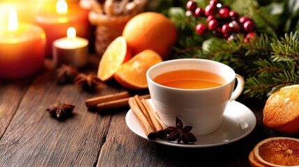 Cozy winter scene with a cup of tea surrounded by candles, oranges, and festive decorations