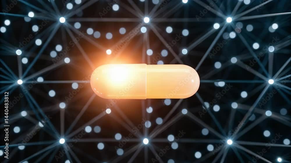Poster a glowing pill dissolving in a neural environment, symbolizing advanced technology and health innova
