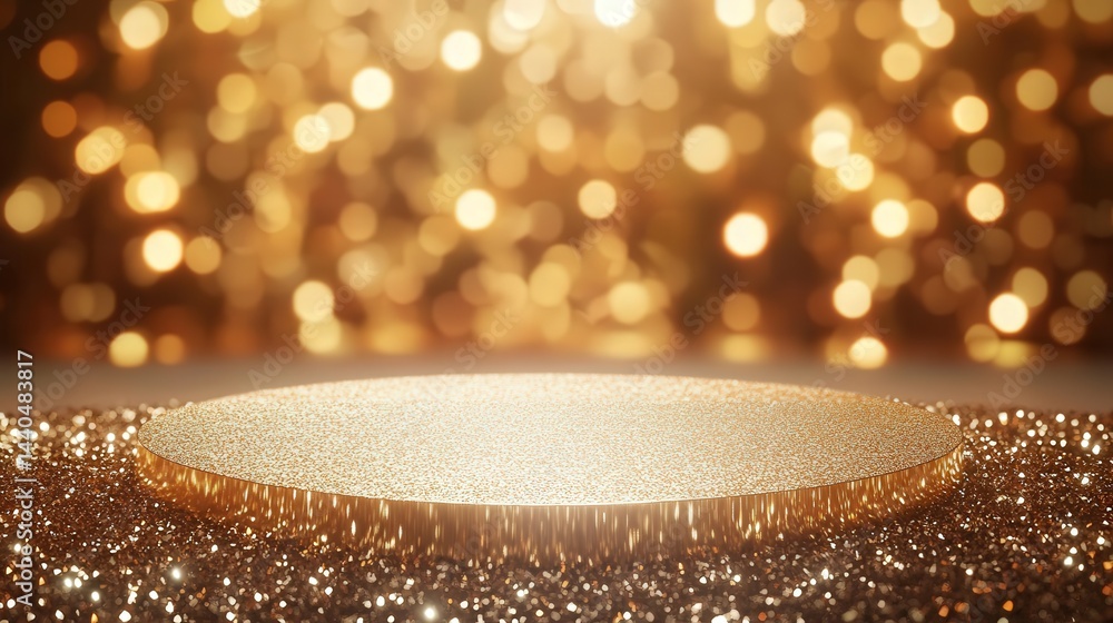 Poster the scene, illuminated by a glittering gold background and enveloped by soft, blurry bokeh, creating