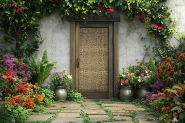 Naklejka premium Ornate wooden door nestled amongst vibrant garden flowers.