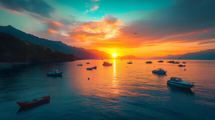 Seascape Illustration with Boats at Sunset