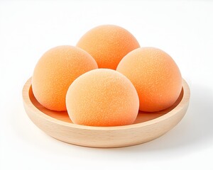 Four peach-colored spheres rest in a light brown wooden bowl against a white backdrop