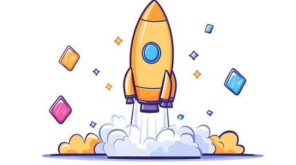 A cartoon rocket launching amidst colorful book-like shapes and smoke, symbolizing educational takeoff or project launch