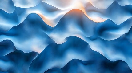 Serene Abstract Landscape of Blue and White Textured Ridges with a Glimmer of Warmth, Ideal for Backgrounds