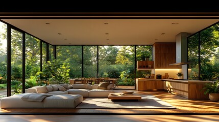 Fototapeta premium Living space featuring a modern kitchen, sofa, and large windows overlooking lush green garden foliage on a sunny day.