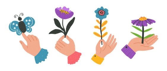 Set of bold positive flowers and hands clip arts hand drawn in naive style, optimistic bright floral illustration, vector isolated items on white background